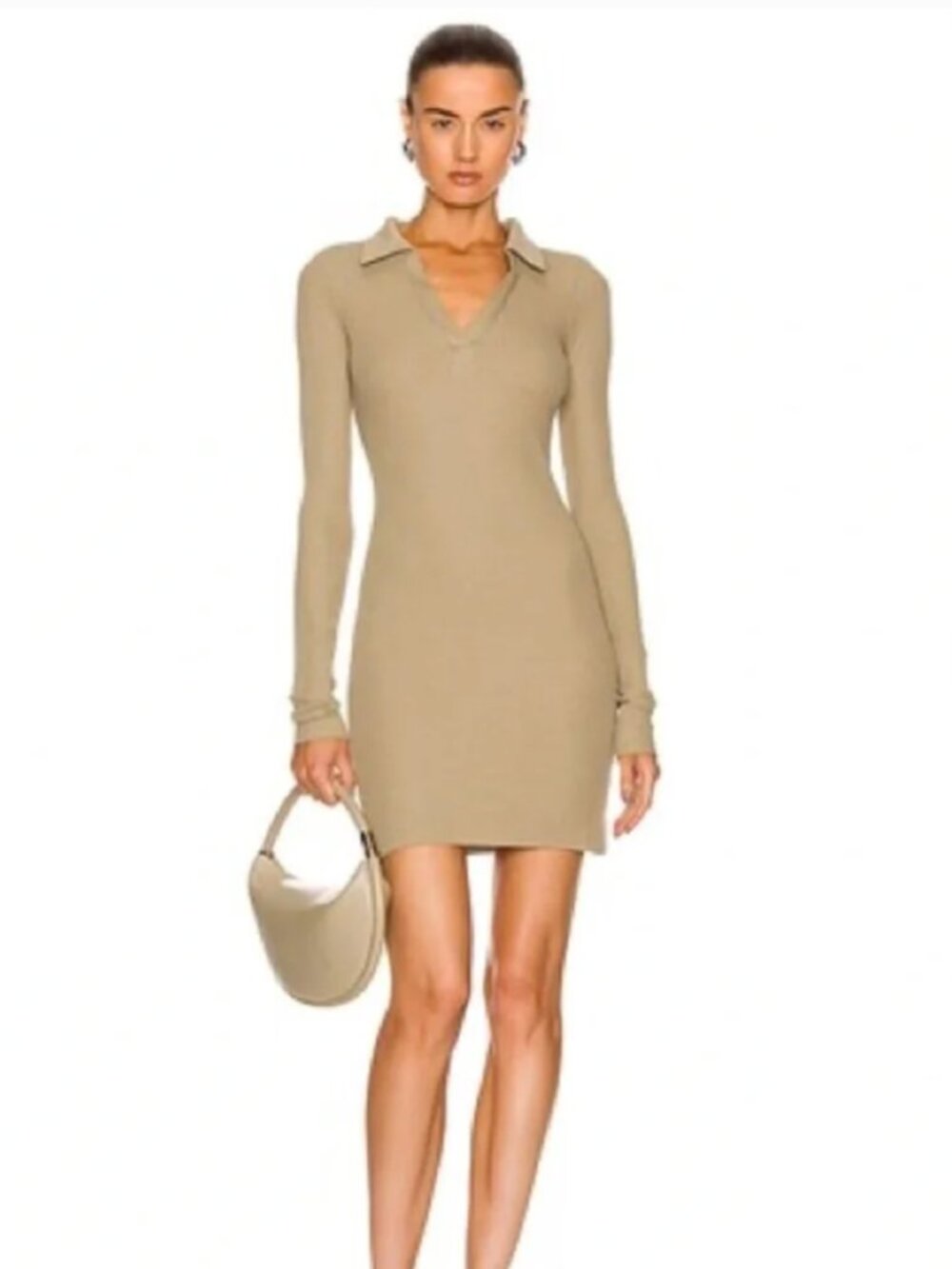 Cotton Citizen Ibiza Long Sleeve Ribbed Polo Dress Neutral Oatmeal Cream XS - Picture 2 of 7